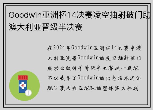 Goodwin亚洲杯14决赛凌空抽射破门助澳大利亚晋级半决赛 Goodwin亚洲杯14决赛凌空抽射破门助澳大利亚晋级半决赛